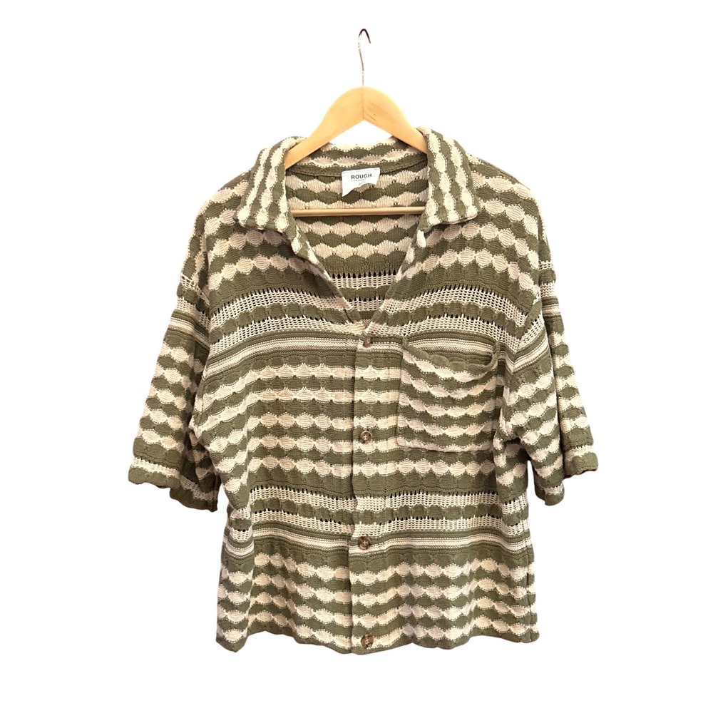 Rough Los Angeles Knit Button Down Top M Retro Crochet Style Olive Taupe Boho